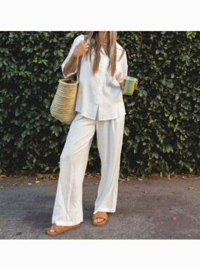 NWOT SOLAI White High-Waist Wide Leg Linen Blend Pants Size S (Sold out)